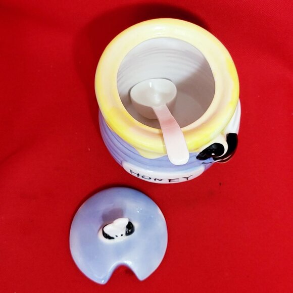 Honey Bee Honey Jar Porcelain Serving Spoon Blue Yellow Painted Ceramic - Picture 8 of 13